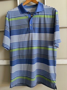 Nike Blue and White Striped Men’s Polo with Green Accent